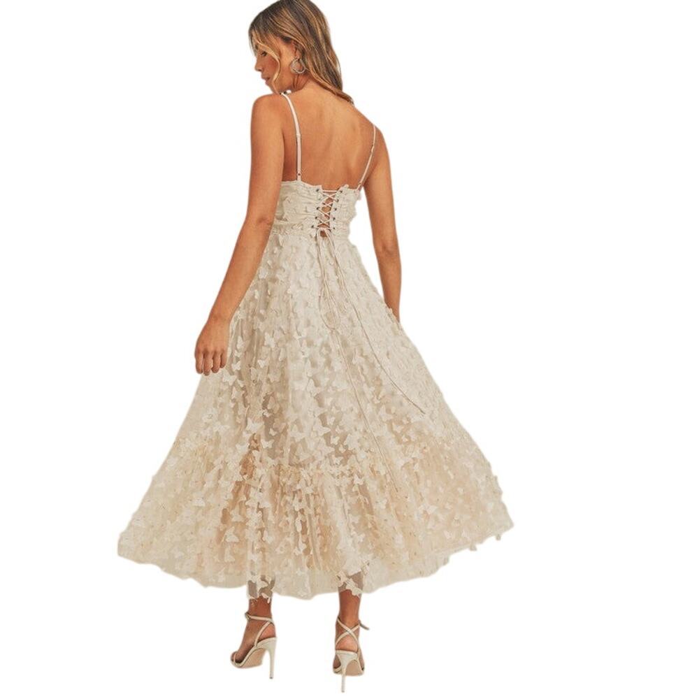 NWT NATASHA BUTTERFLY MESH LACE UP MIDI DRESS - CREAM SIZE SMALL BRIDAL WEDDING - Picture 2 of 9